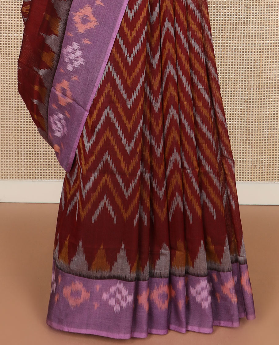 Maroon chevron design pochampally cotton saree, contrast ikkat border & pallu of ikkat jaal design