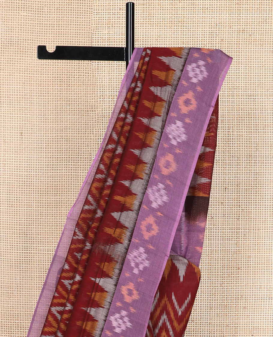 Maroon chevron design pochampally cotton saree, contrast ikkat border & pallu of ikkat jaal design