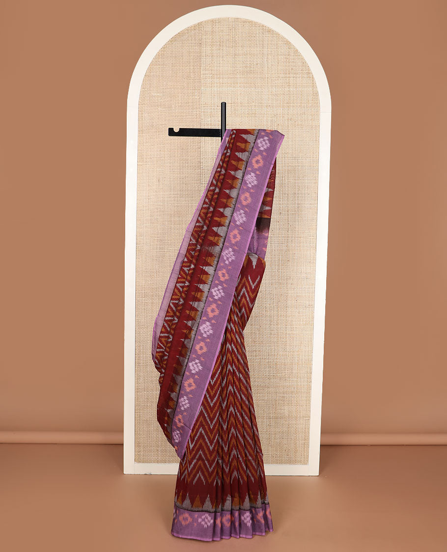 Maroon chevron design pochampally cotton saree, contrast ikkat border & pallu of ikkat jaal design