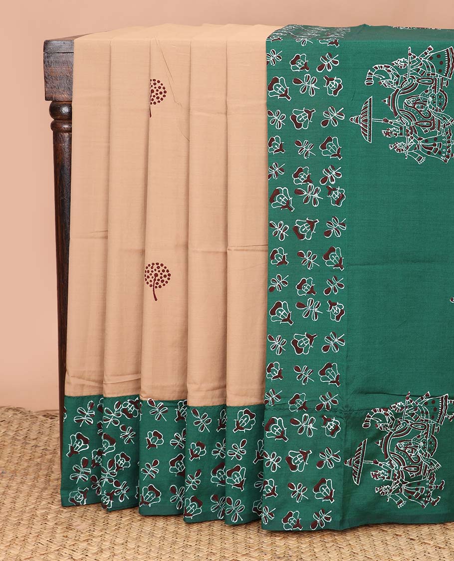 Sandal floral motifs printed poly cotton saree, contrast floral printed border, and pallu of wedding palanquin design