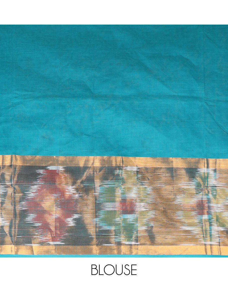 Blue warli motifs printed Andhra cotton saree, ikkat border, and unique design pallu