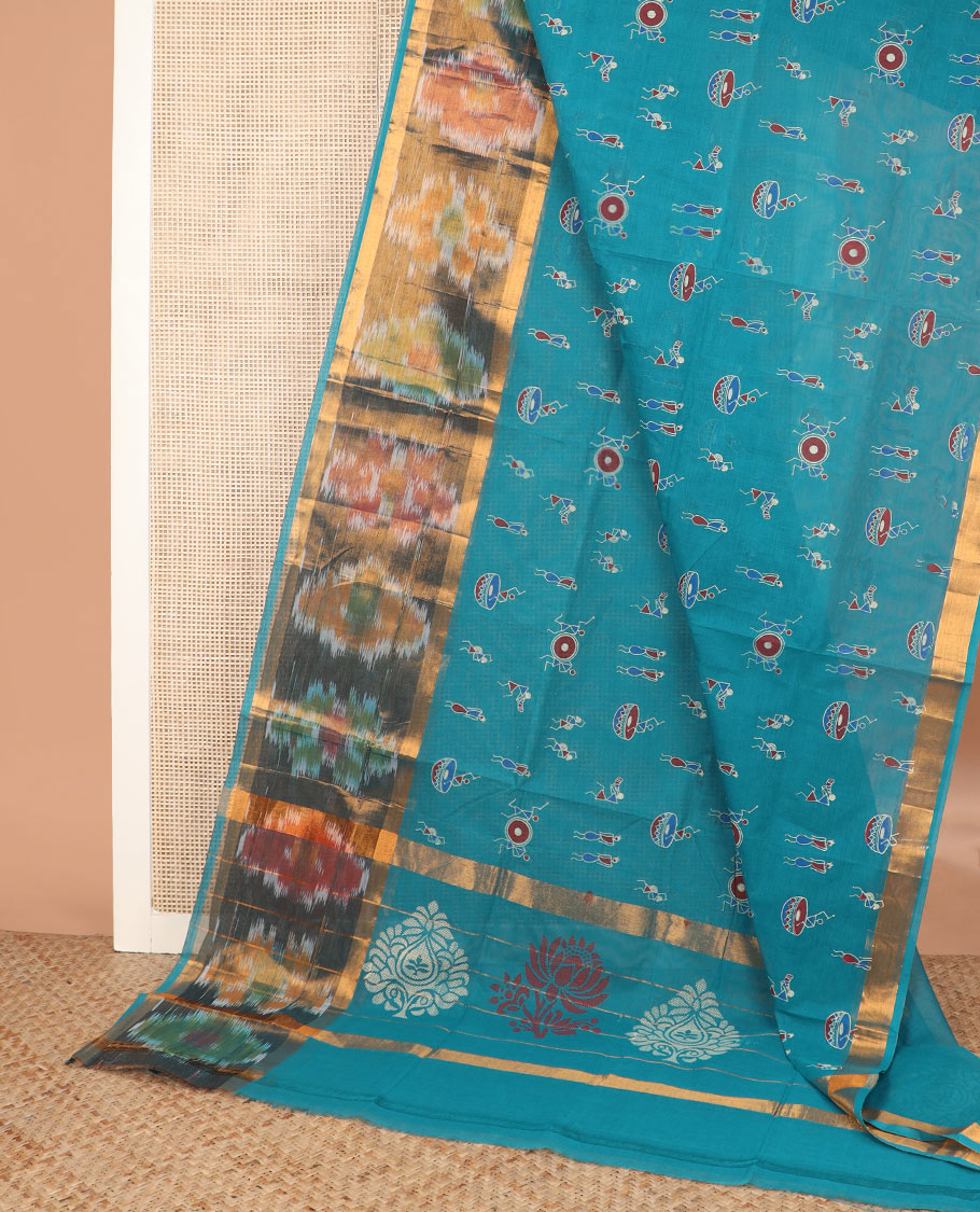 Blue warli motifs printed Andhra cotton saree, ikkat border, and unique design pallu