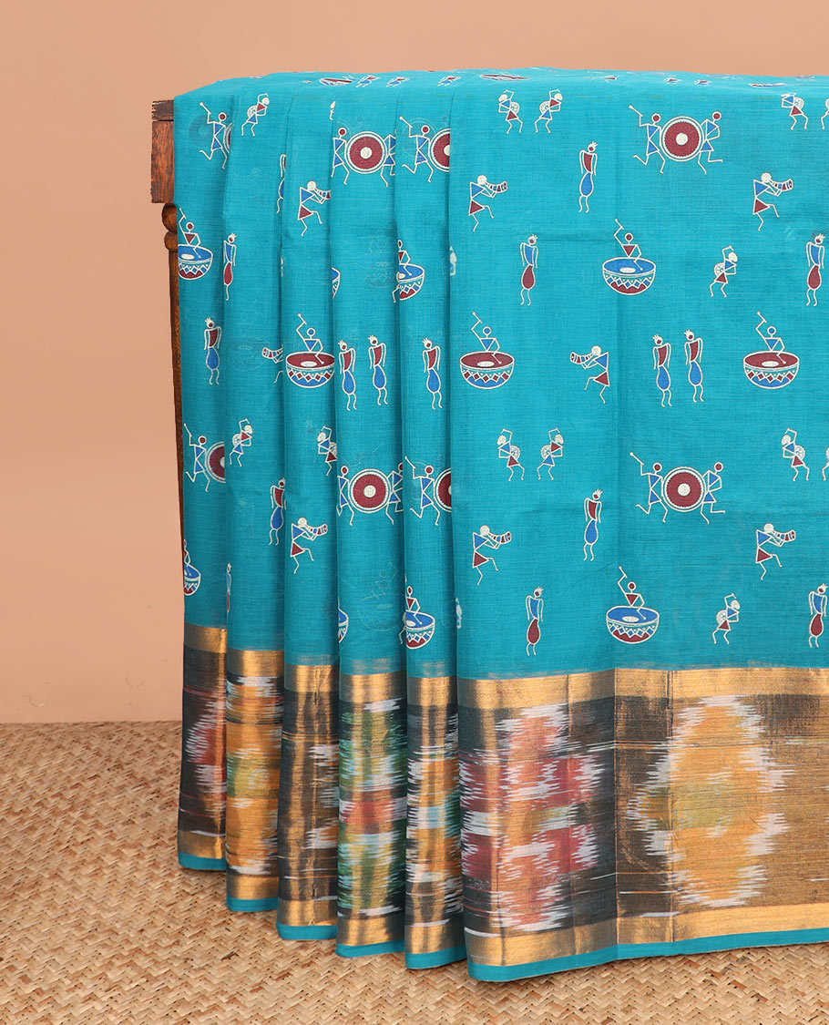 Blue warli motifs printed Andhra cotton saree, ikkat border, and unique design pallu