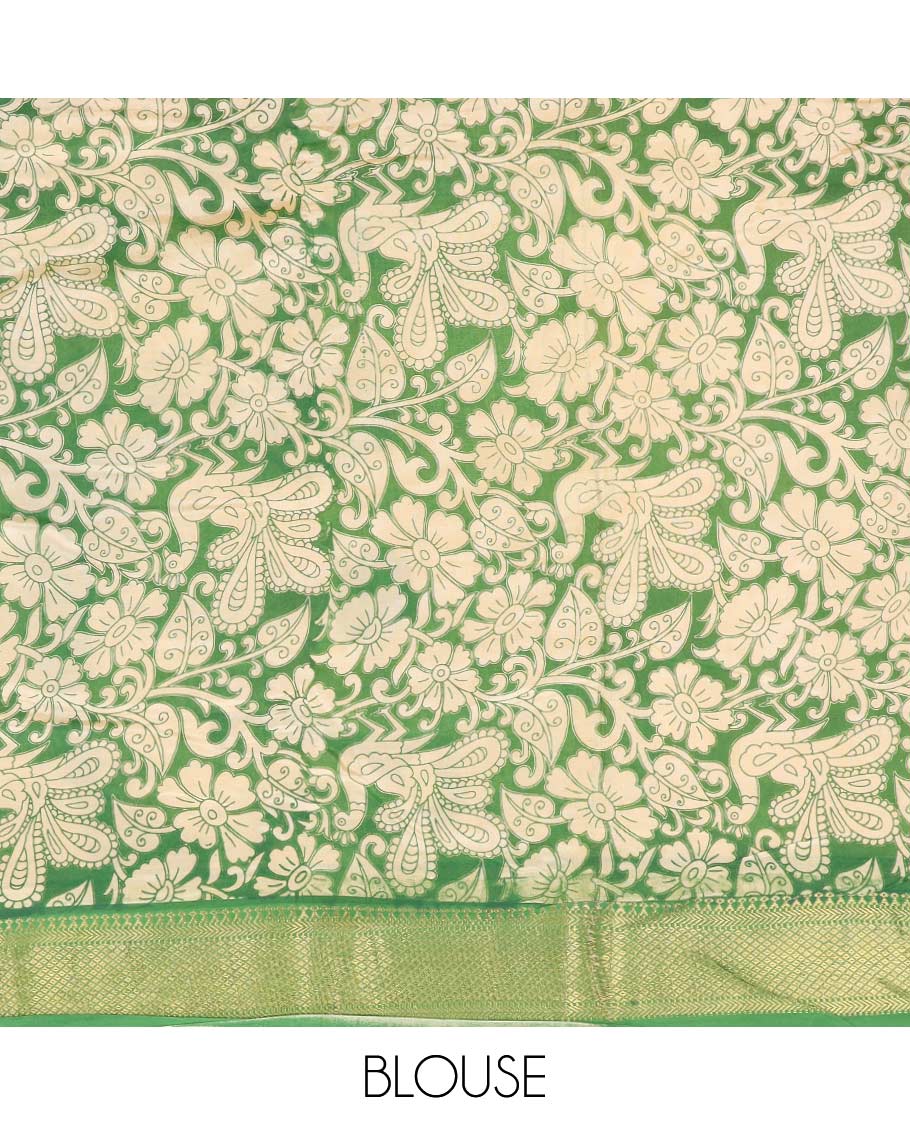 Light sandal lotus and fish motifs machine printed kalamkari cotton saree, contrast traditional zari border, and pallu of human and elephant motifs