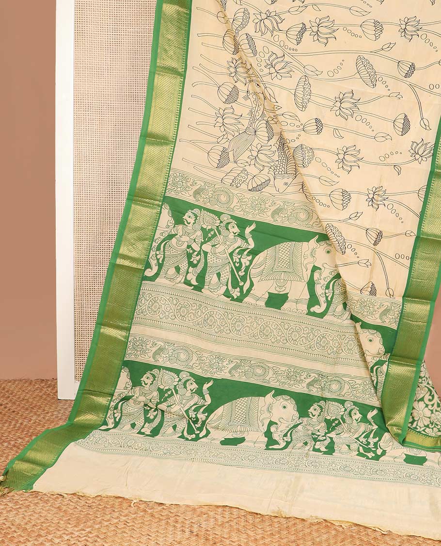 Light sandal lotus and fish motifs machine printed kalamkari cotton saree, contrast traditional zari border, and pallu of human and elephant motifs