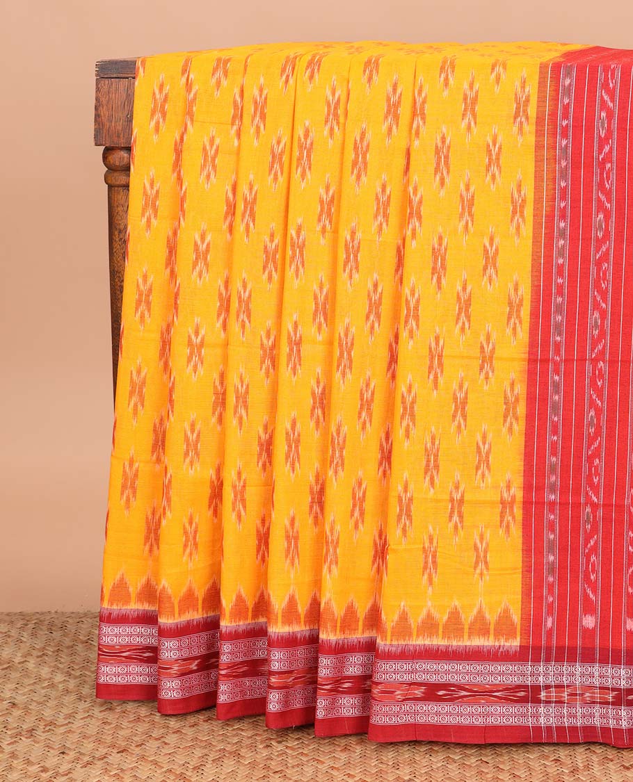 Yellow buttas ikkat cotton saree, contrast floral and ikkat design border, and ikkat woven pallu