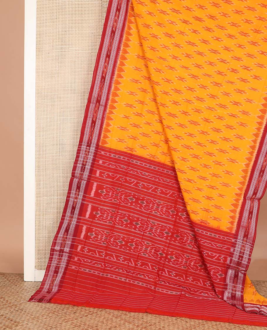 Yellow buttas ikkat cotton saree, contrast floral and ikkat design border, and ikkat woven pallu