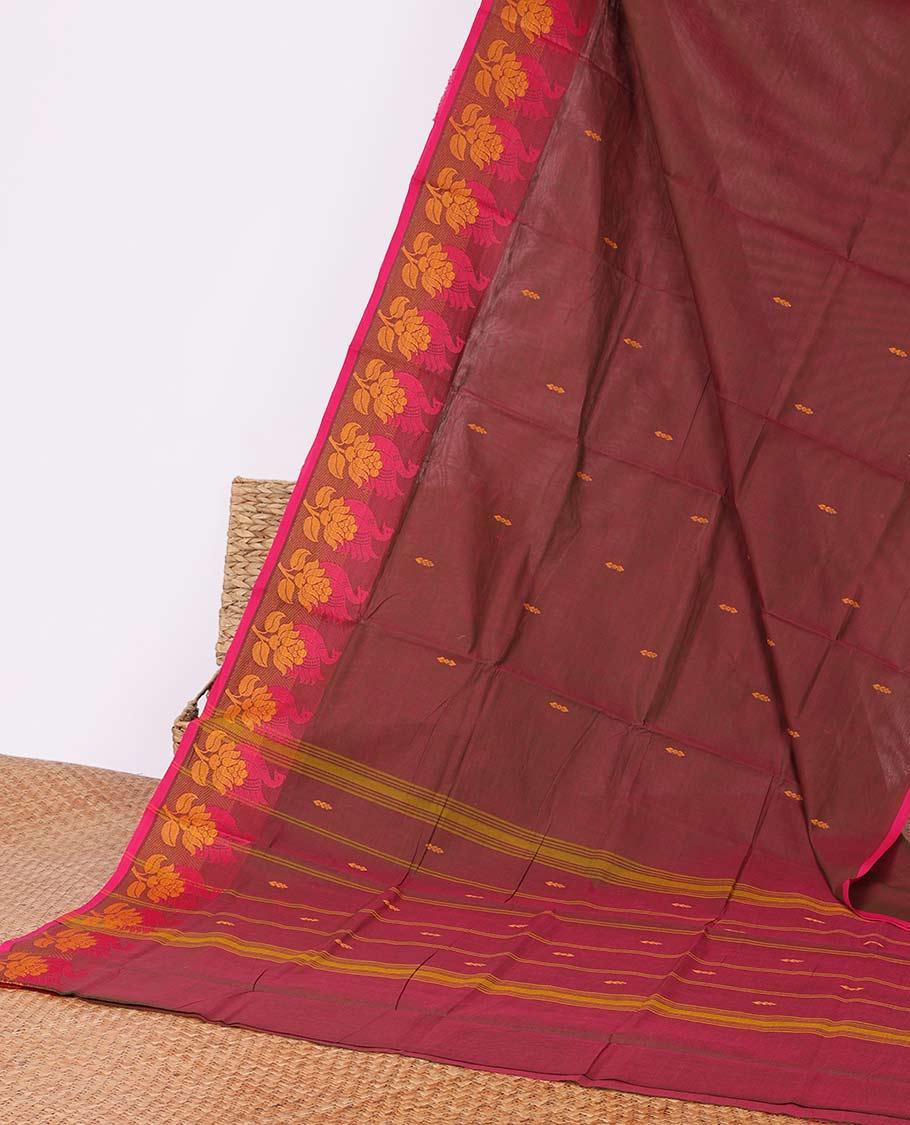 Maroon buttas Chettinad cotton saree, floral design border & striped pallu