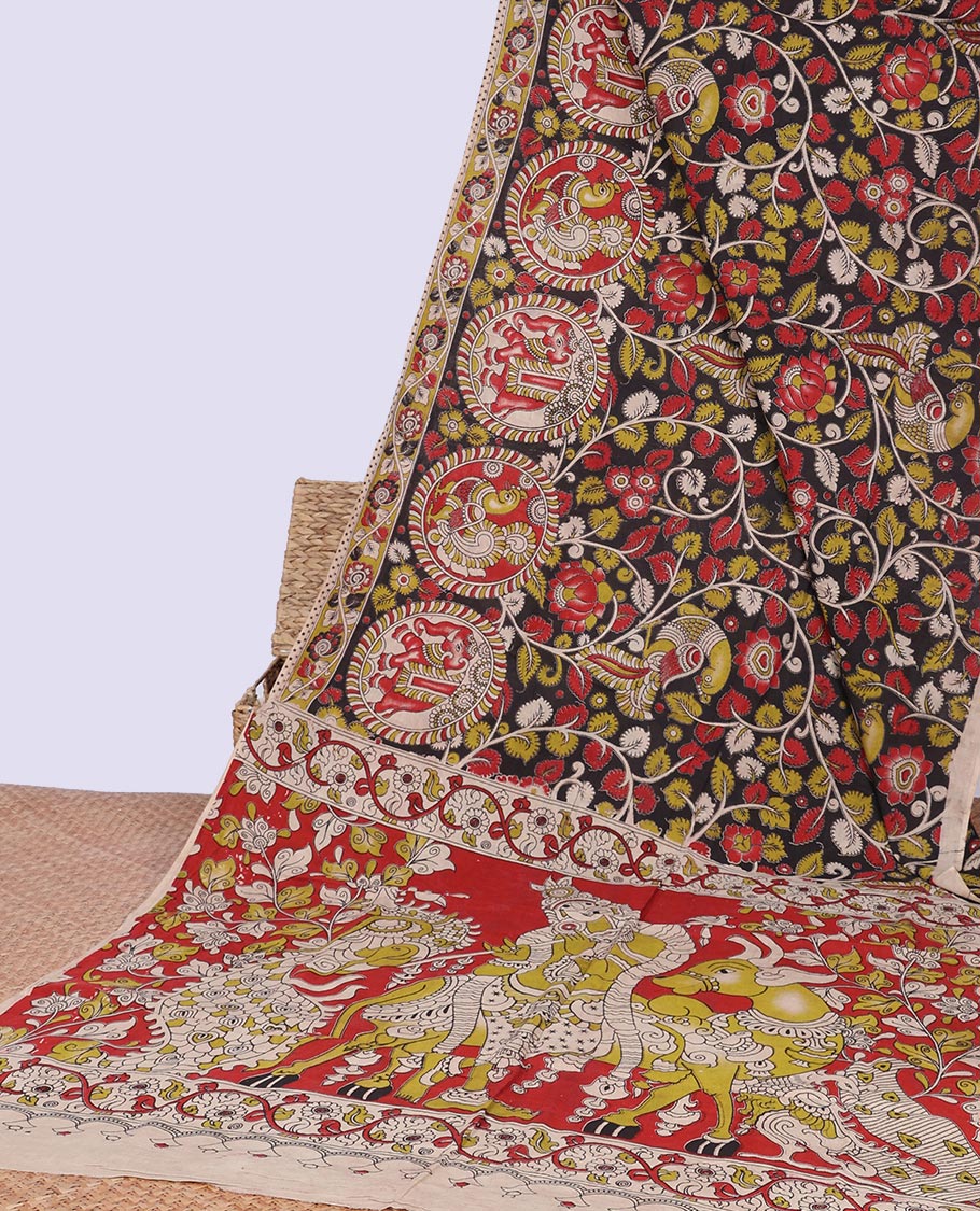 Black floral vine, animal design machine-printed kalamkari cotton saree with contrast floral design border & pichwai design pallu