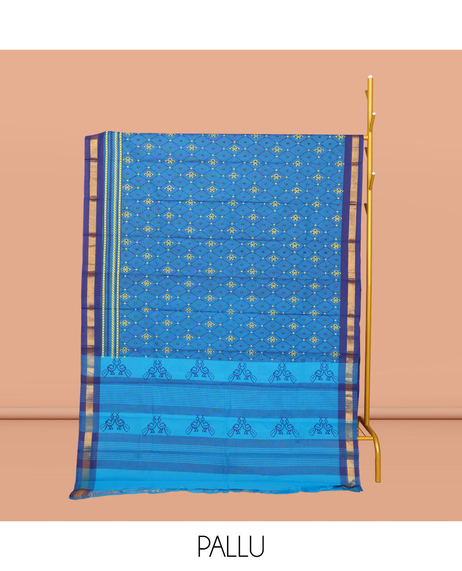 Blue Chirala Cotton Saree, Accentuated with an Argyle Design, a Contrast Zari Border, Contrast Peacock Pallu, and a Contrast Blouse
