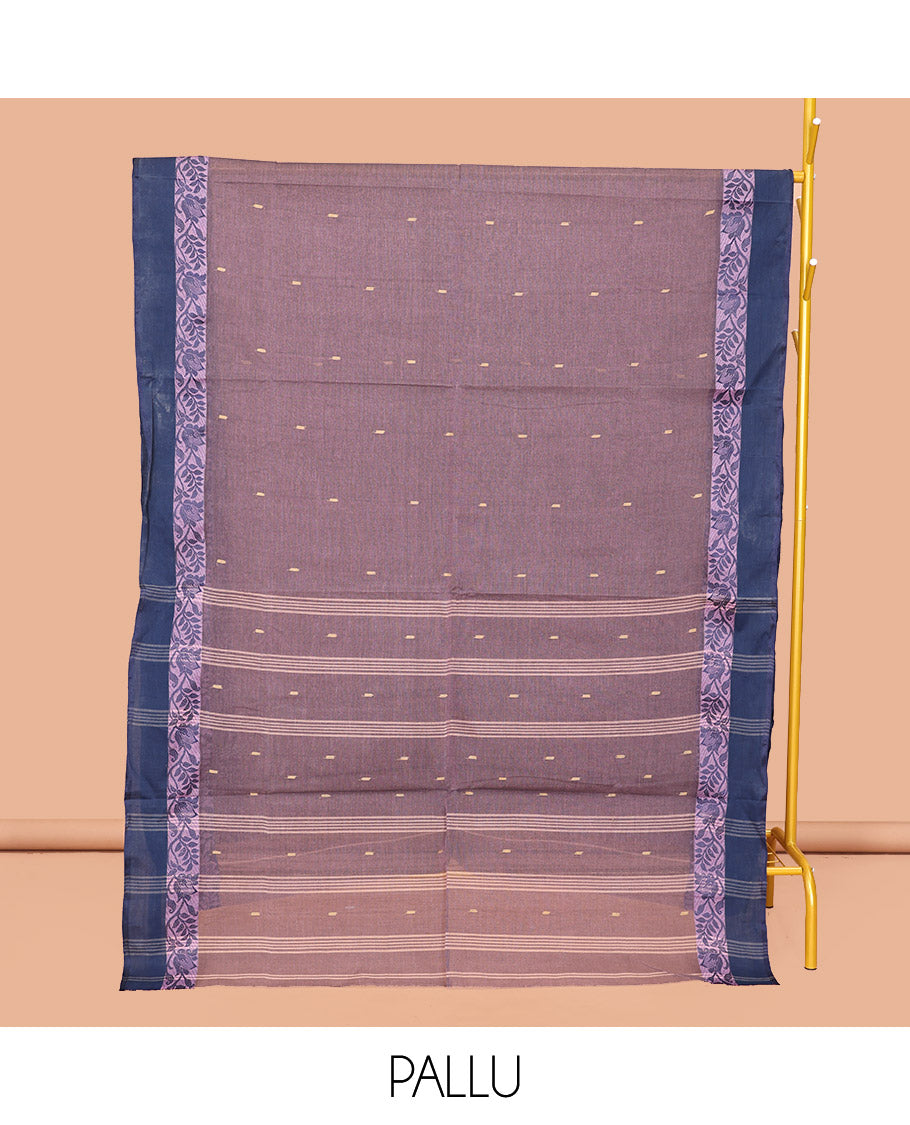Lavender Bengal Cotton Saree Featuring Buttas, a Contrast Floral Creeper Border, a Pallu of Stripes and Buttas, and a Matching Blouse