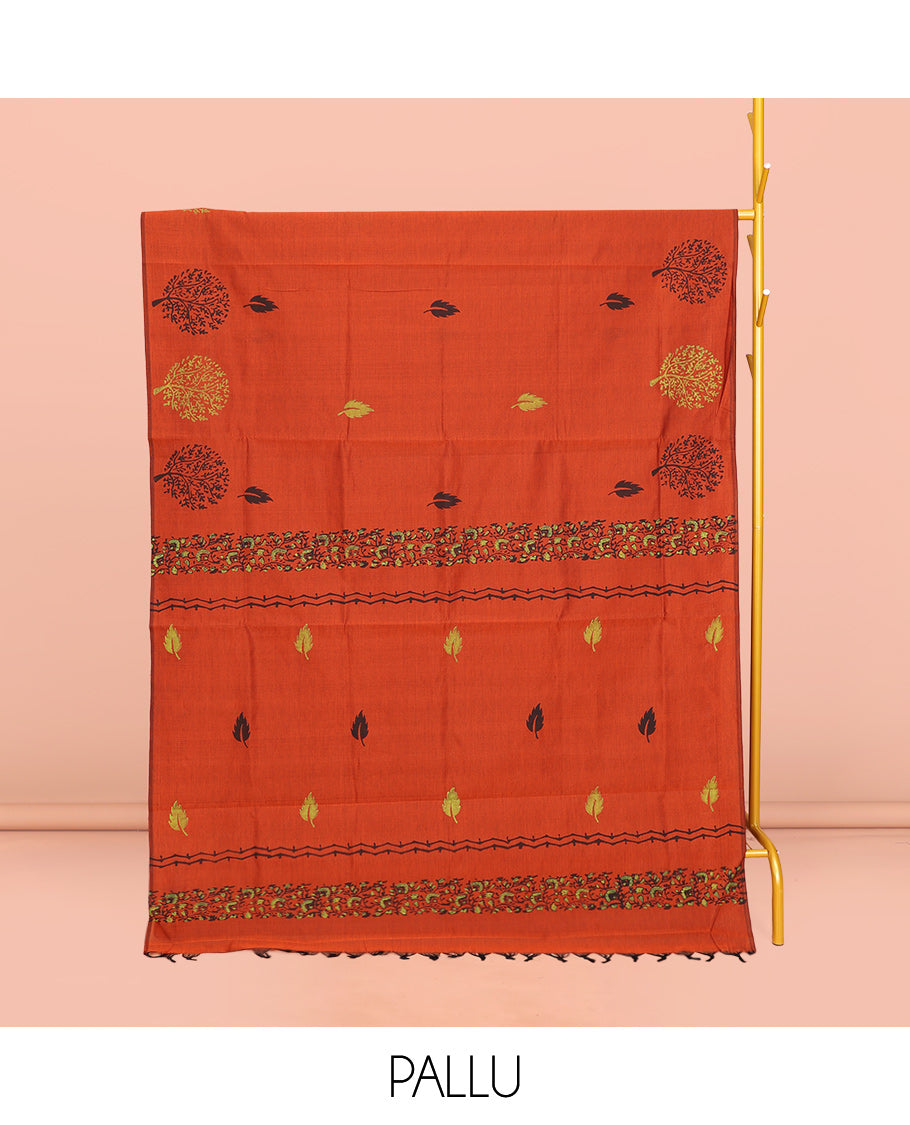 Borderless Orange Poly Cotton Saree, Graced with Leaf and Tree Motifs Print, a Self-Pallu, and a Contrast Printed Blouse