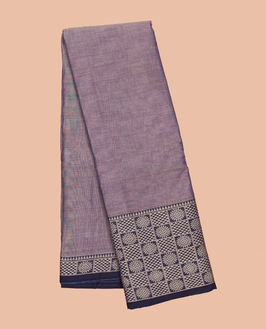 Lavender plain design Narayanapet cotton saree, contrast traditional design border & striped pallu