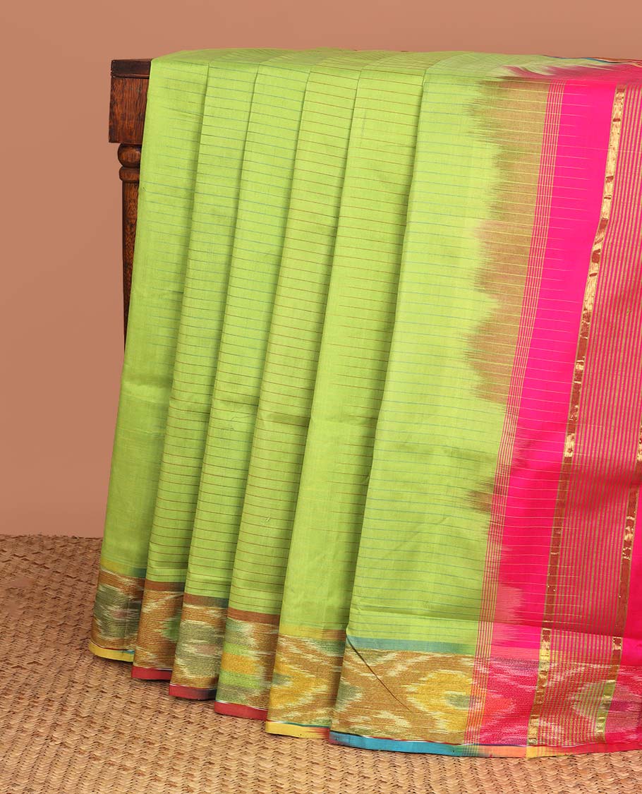 Light green striped kupadam cotton saree, contrast ikkat design border & pallu of stripes