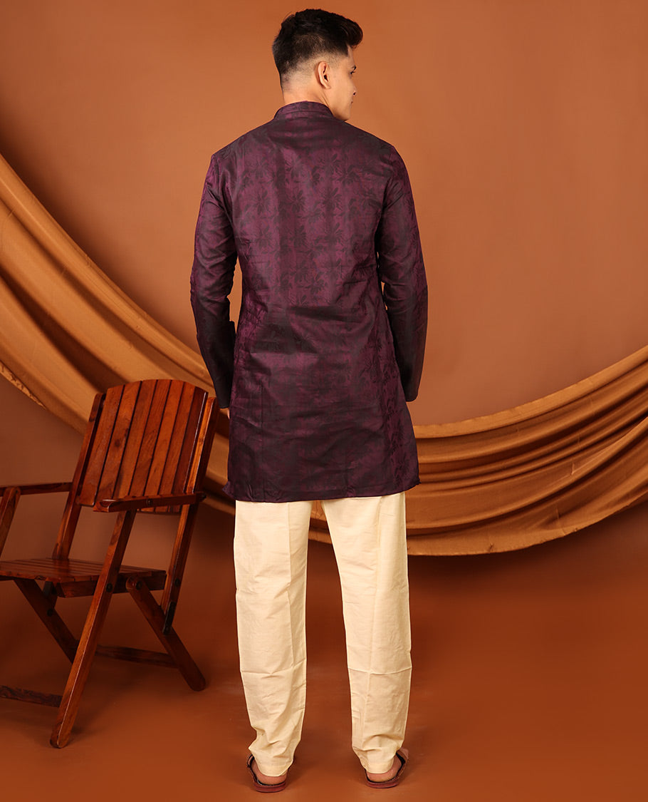 Purple Silhouette-Style Floral Design Print Full-Sleeved Men's Kurta