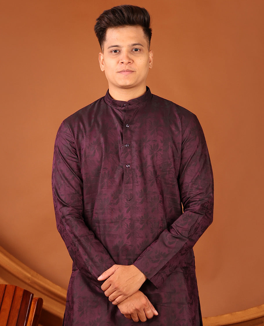 Purple Silhouette-Style Floral Design Print Full-Sleeved Men's Kurta