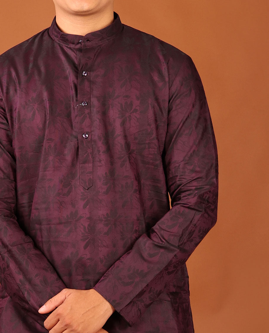 Purple Silhouette-Style Floral Design Print Full-Sleeved Men's Kurta