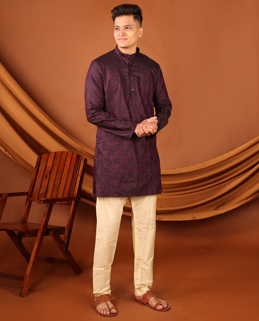 Purple Silhouette-Style Floral Design Print Full-Sleeved Men's Kurta