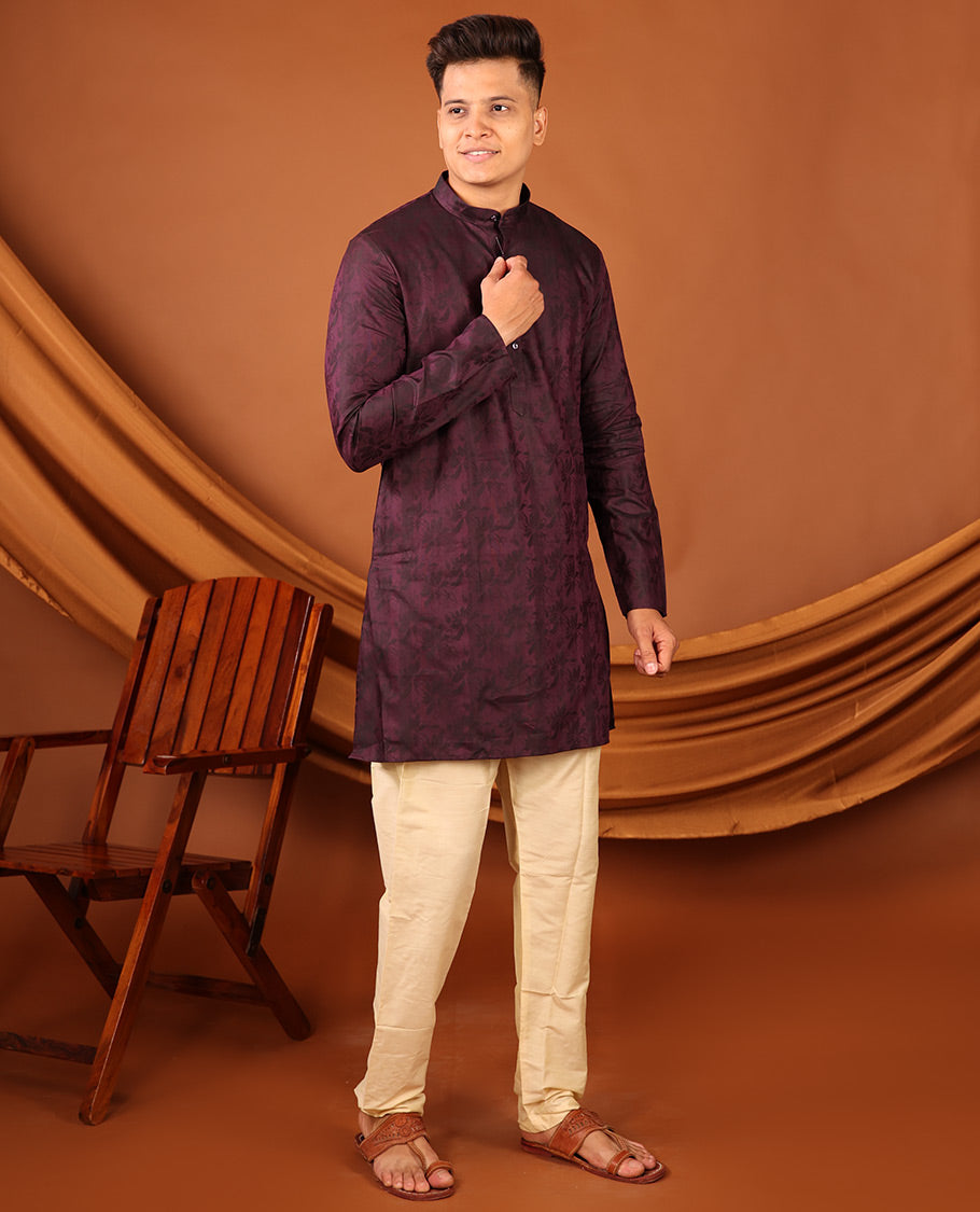 Purple Silhouette-Style Floral Design Print Full-Sleeved Men's Kurta