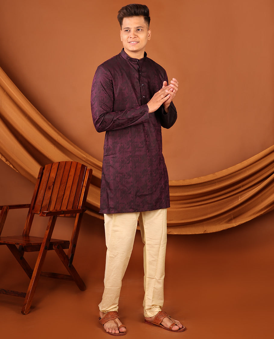 Purple Silhouette-Style Floral Design Print Full-Sleeved Men's Kurta
