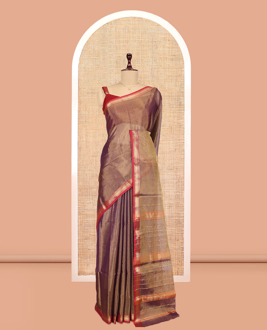 Brown Plain Maheshwari Cotton Saree, a Contrast Traditional Zari Border, Pallu of Zari Stripes, and a Matching Blouse