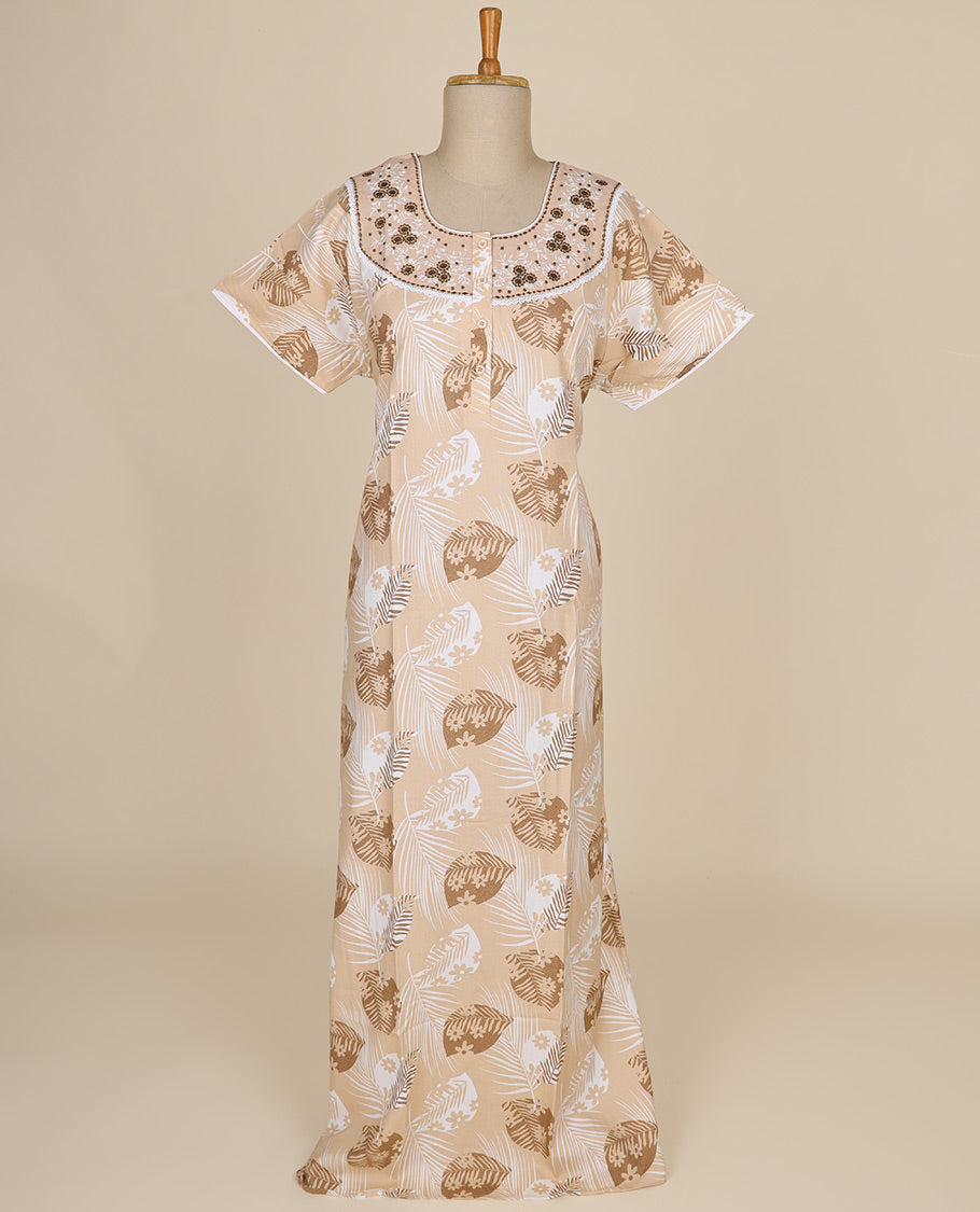Cream floral printed & floral thread embroidery round neck cotton half-sleeve nighty