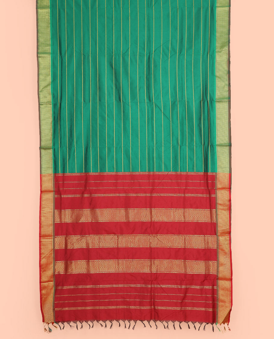 Green Ten-Yard Art Silk Saree Elevated with Neli Stripes on Its Body, Complemented by a Zari Traditional Ara Maadam Border, and Pallu Featuring Traditional Ara Maadam Designs