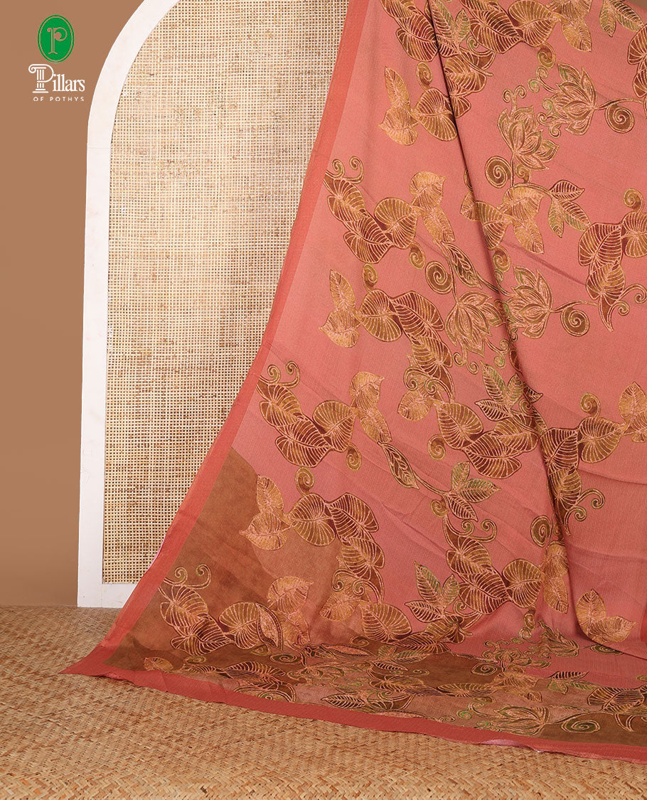 Borderless Maroon floral digital print brasso saree with self pallu along with printed blouse