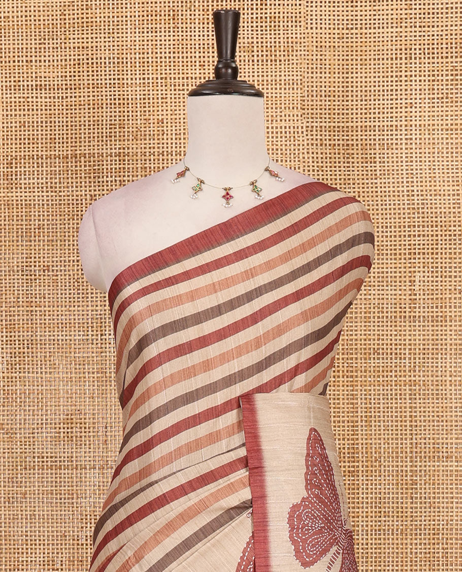 Magenta horizontal stripes printed soft tussar saree adorned with big butterfly motifs printed border and pallu, contrast blouse