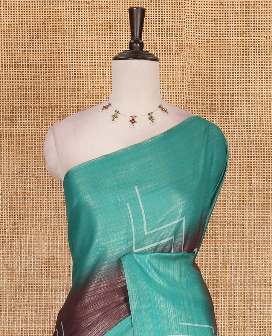 Borderless brown and Rama green zari stripes and geometric patterns printed soft tussar saree, geometric printed pallu, and contrast diamond motif printed blouse