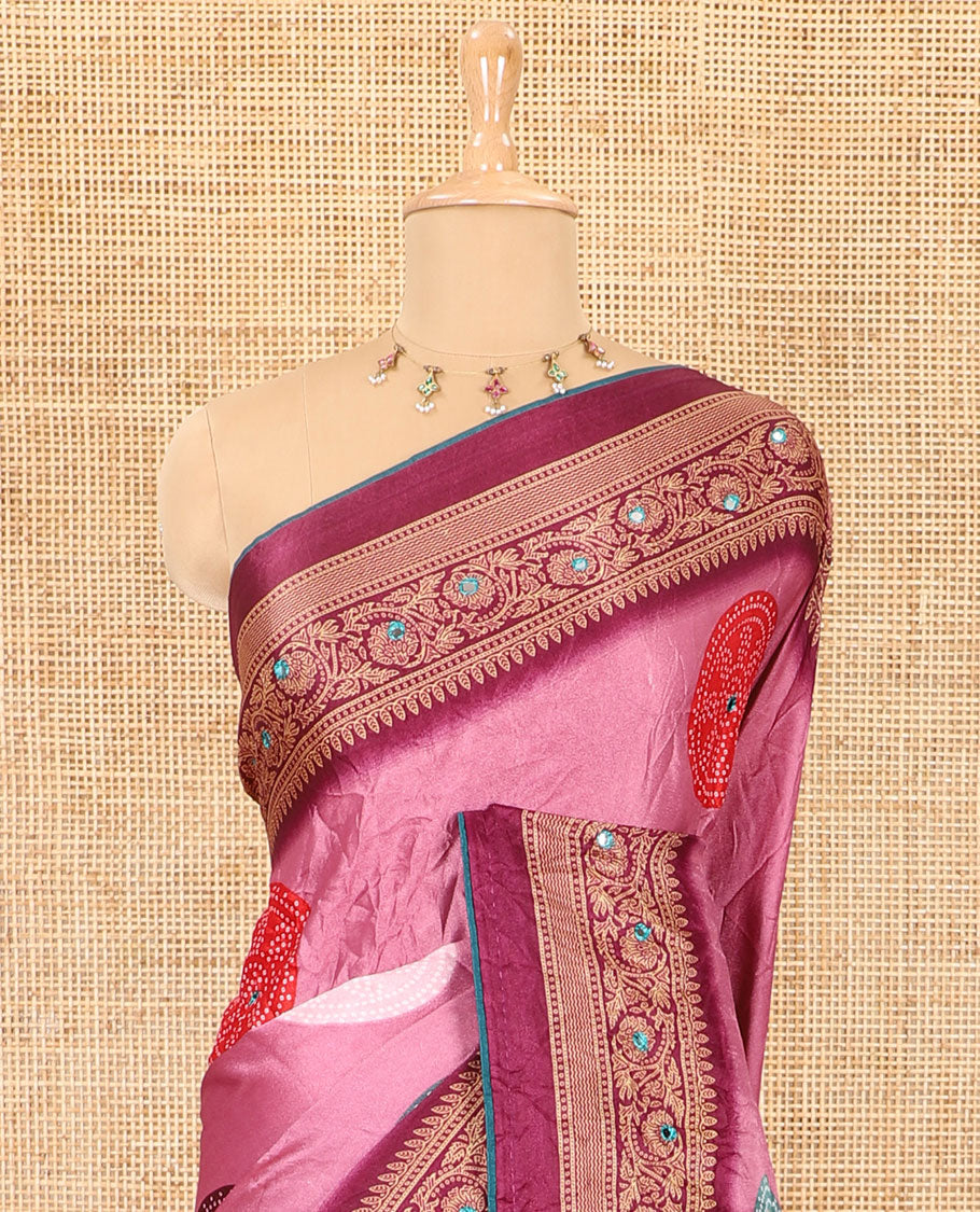 Pink bandhani printed with mirror work moss crepe saree, contrast traditional design mirror work border, printed pallu of Swarovski stone work, and a contrast plain blouse
