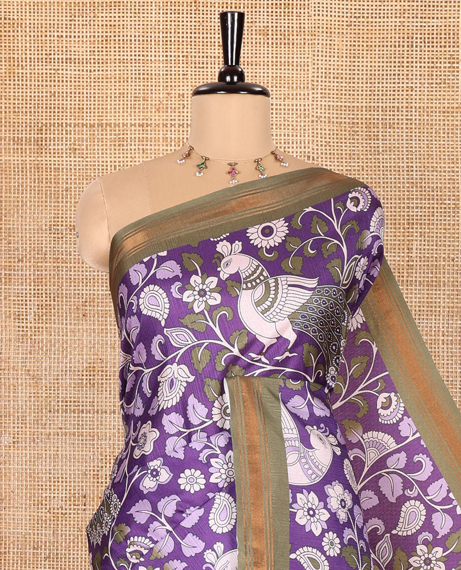 Violet Manipuri Silk Saree, Accentuated with Kalamkari-Style Floral Vine and Peacock Motifs Printed All Over Its Body, Complemented by a Contrast Zari Border, Pallu of Chevron Stripes, and Paired with a Contrast Blouse