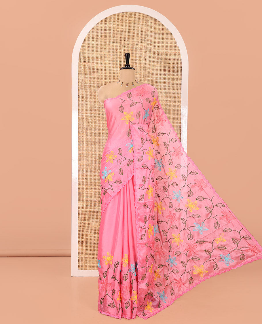 Pink Rangoli Chiffon Saree, Prettified with Multi-Color Floral Vine Embroidery on Its Body, Floral Embroidered Pallu, and Contrast Floral Embroidered Blouse