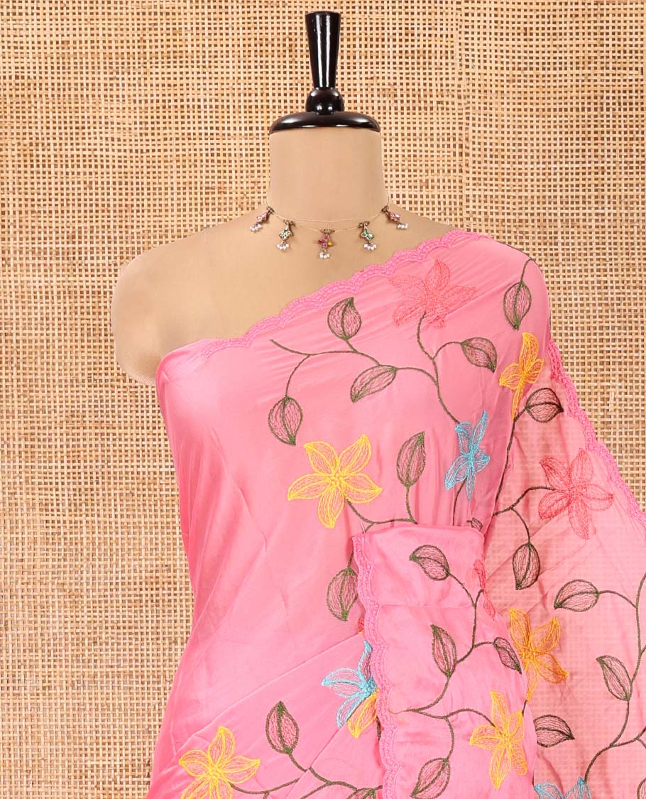 Pink Rangoli Chiffon Saree, Prettified with Multi-Color Floral Vine Embroidery on Its Body, Floral Embroidered Pallu, and Contrast Floral Embroidered Blouse