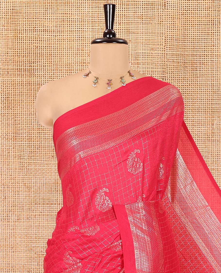 Rani Pink Vichitra Silk Saree Features Checks and Paisley Buttas, Highlighted by a Traditional Zari Border and Contrast-Embroidered Blouse