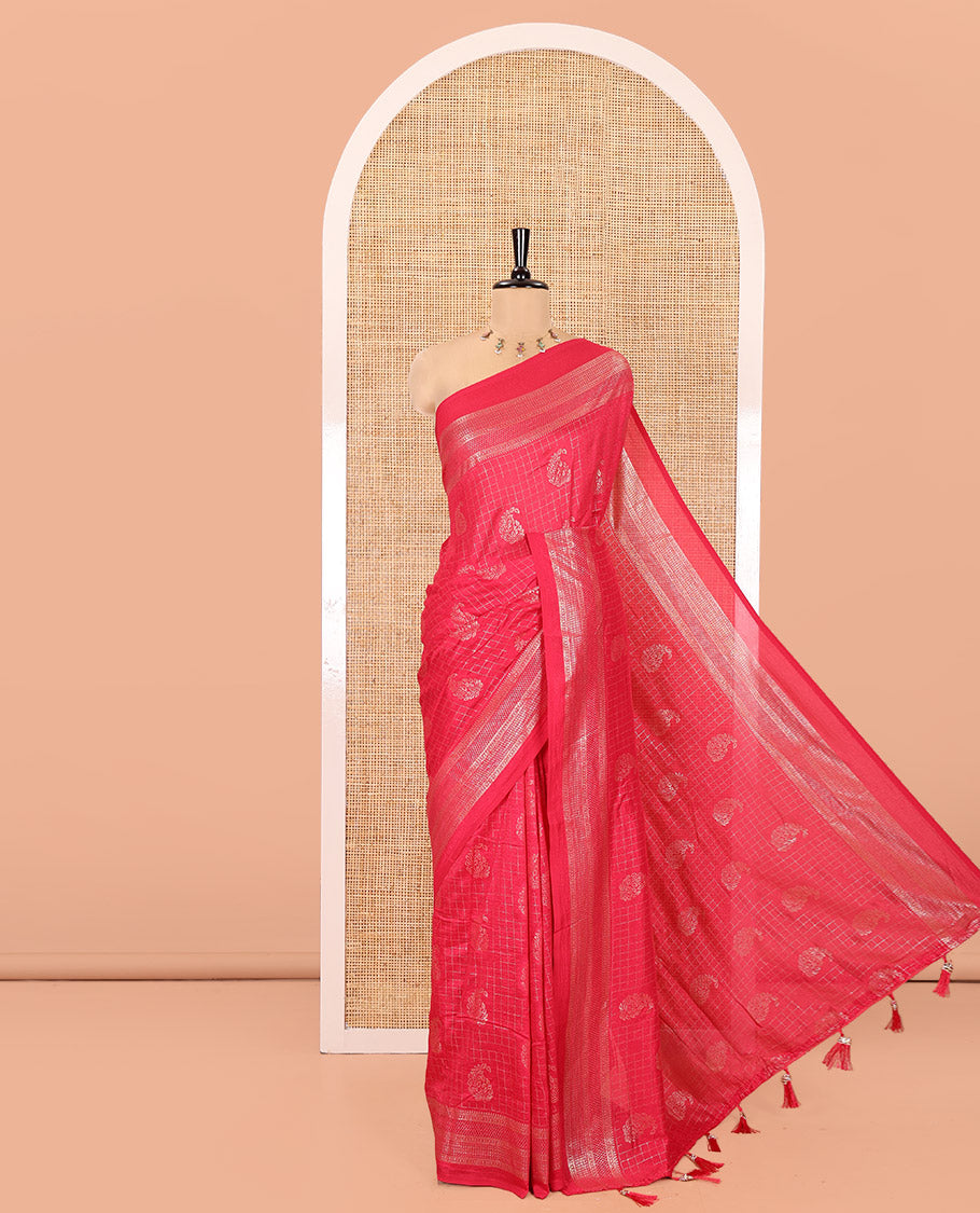 Rani Pink Vichitra Silk Saree Features Checks and Paisley Buttas, Highlighted by a Traditional Zari Border and Contrast-Embroidered Blouse