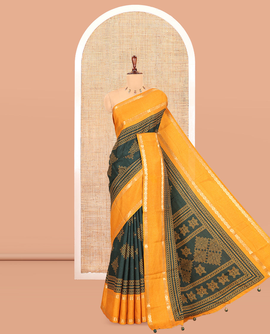 Green Art Tussar Saree, Adorned with Kolam Buttas, a Contrast Rettai Pettu Rudraksham Border, Kolam Pallu, and a Contrast Blouse