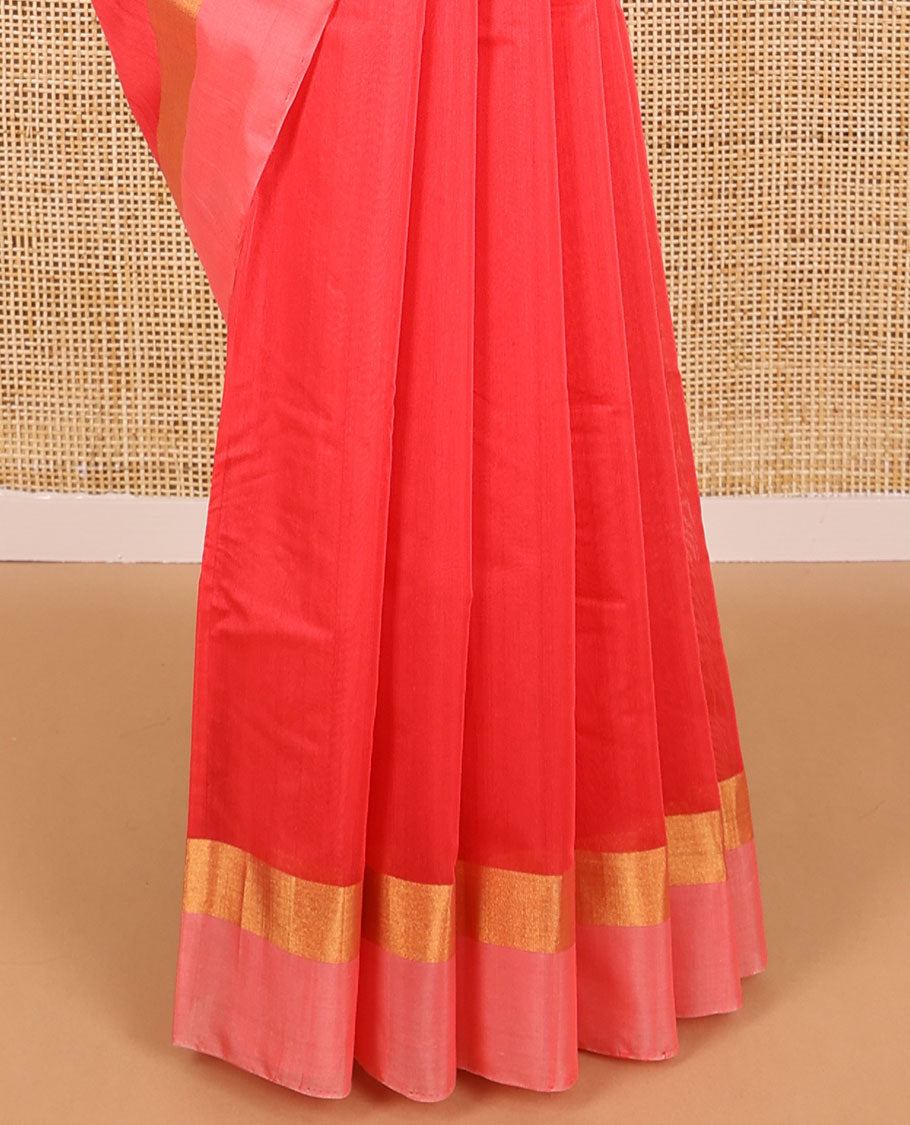 Red floral motifs silk cotton saree with contrast zari border & striped, floral design pallu