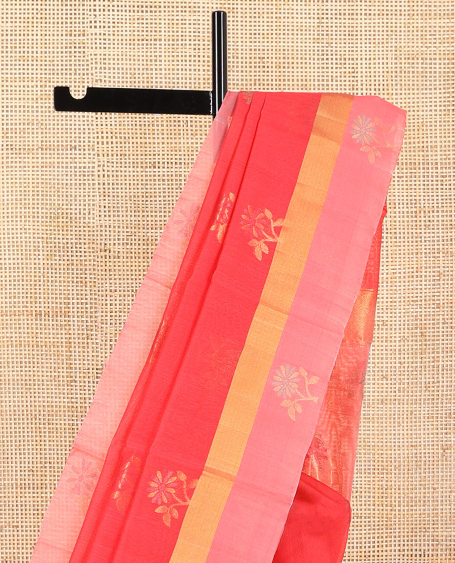 Red floral motifs silk cotton saree with contrast zari border & striped, floral design pallu