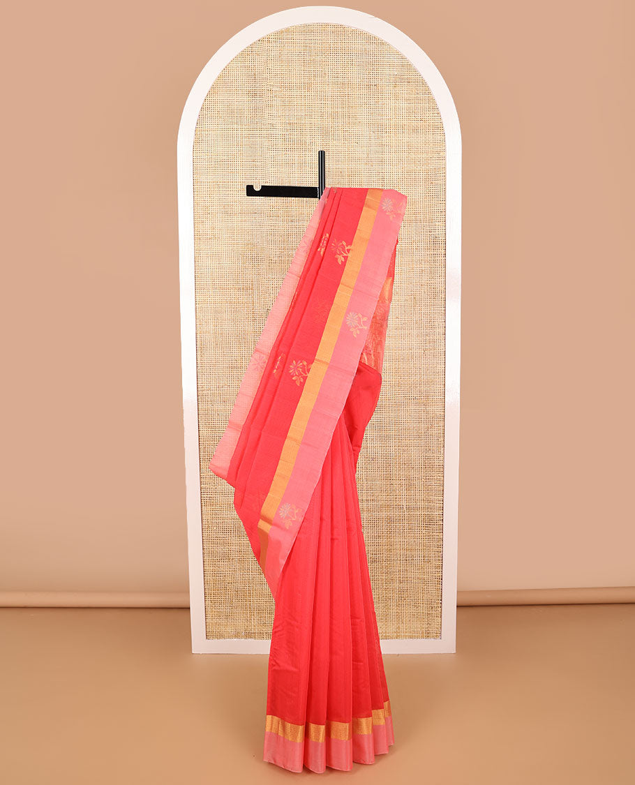 Red floral motifs silk cotton saree with contrast zari border & striped, floral design pallu