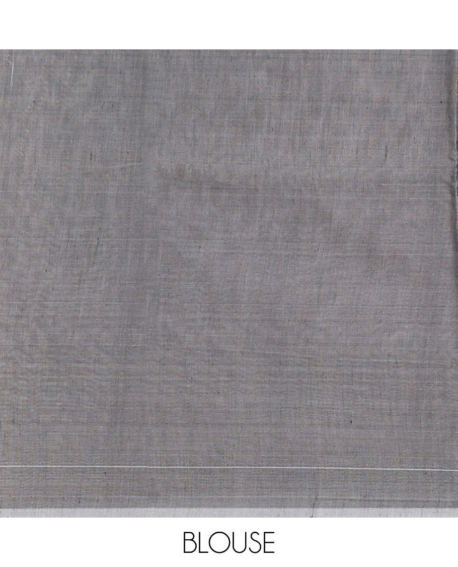 Brown horizontal striped and floral buttas silk cotton saree, contrast floral zari buttas border, and pallu of floral designs