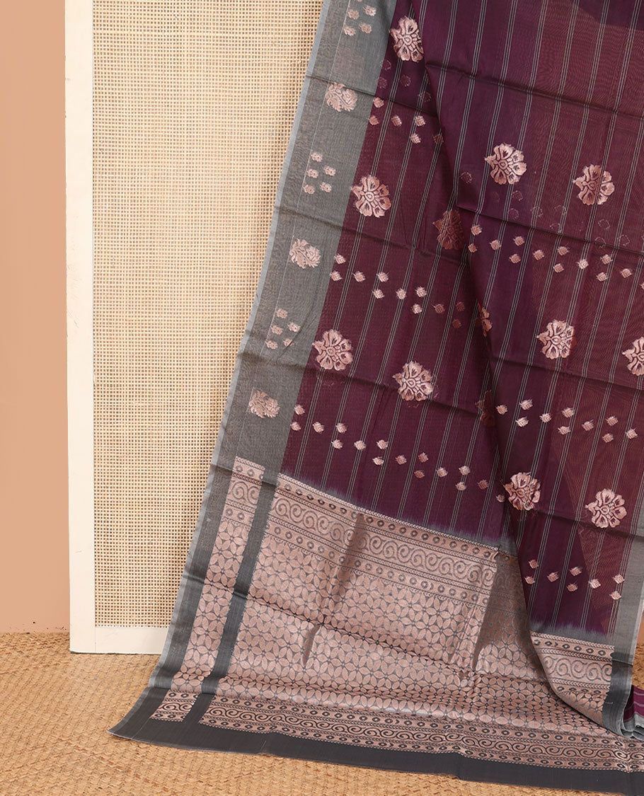 Brown horizontal striped and floral buttas silk cotton saree, contrast floral zari buttas border, and pallu of floral designs