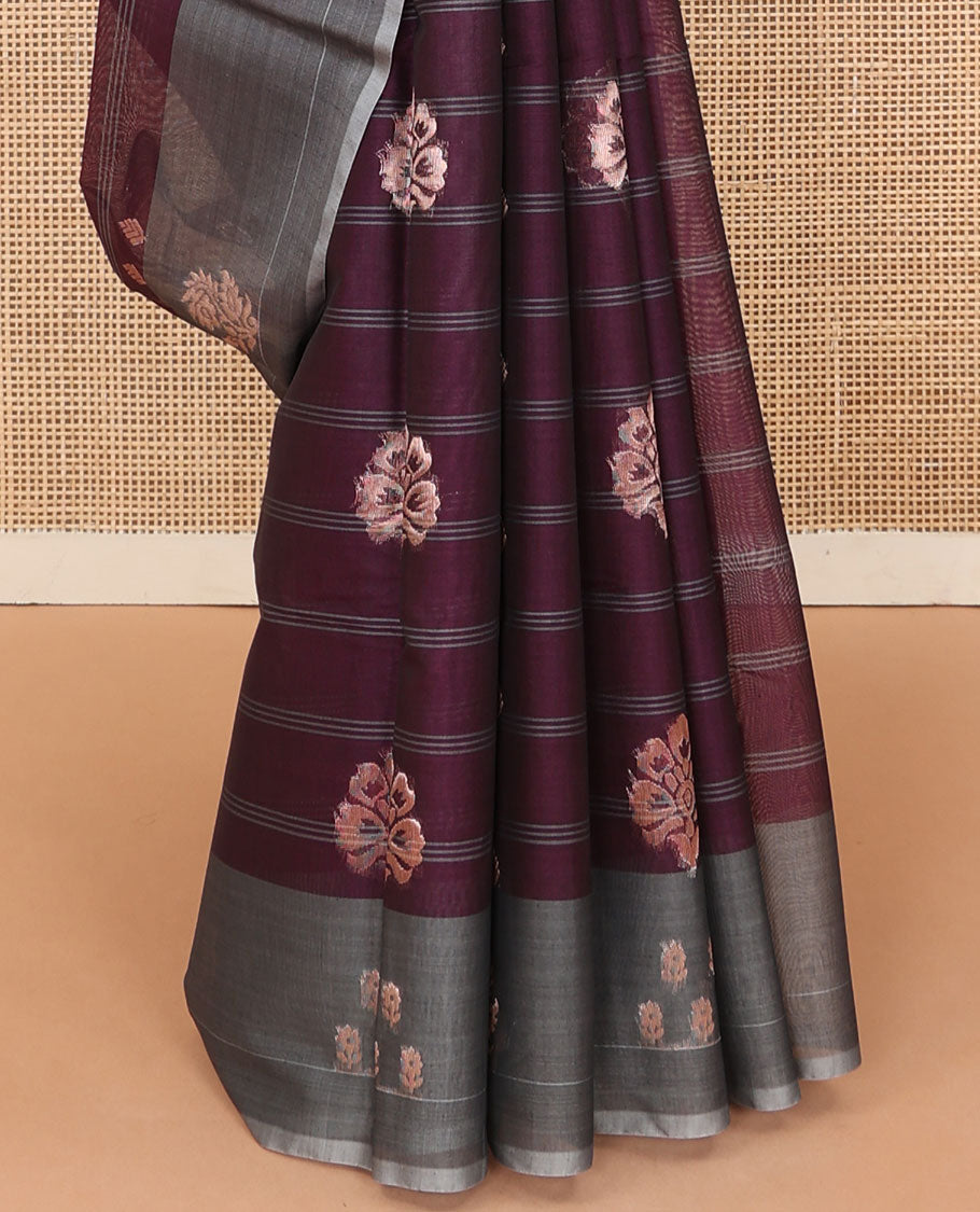 Brown horizontal striped and floral buttas silk cotton saree, contrast floral zari buttas border, and pallu of floral designs