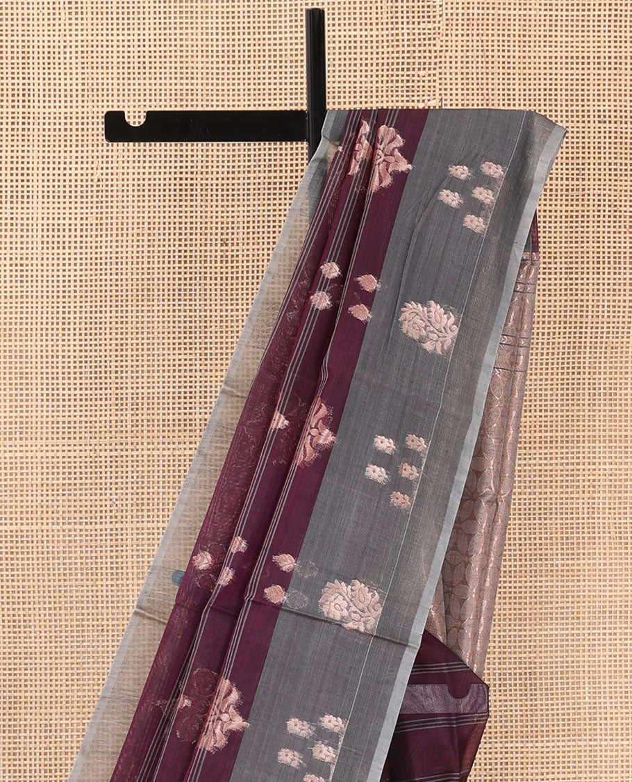 Brown horizontal striped and floral buttas silk cotton saree, contrast floral zari buttas border, and pallu of floral designs