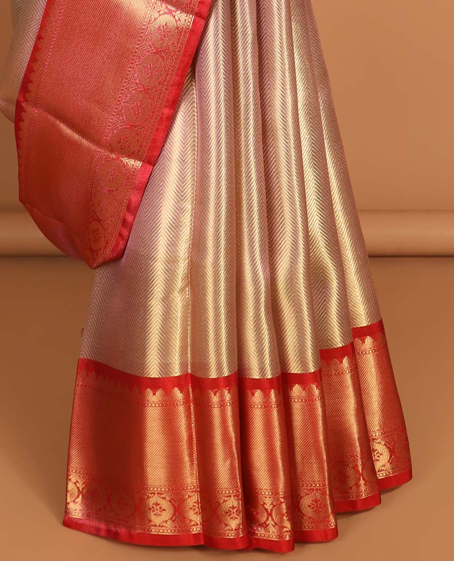 Baby pink striped semi tissue saree with ganga jamuna border & zari design pallu