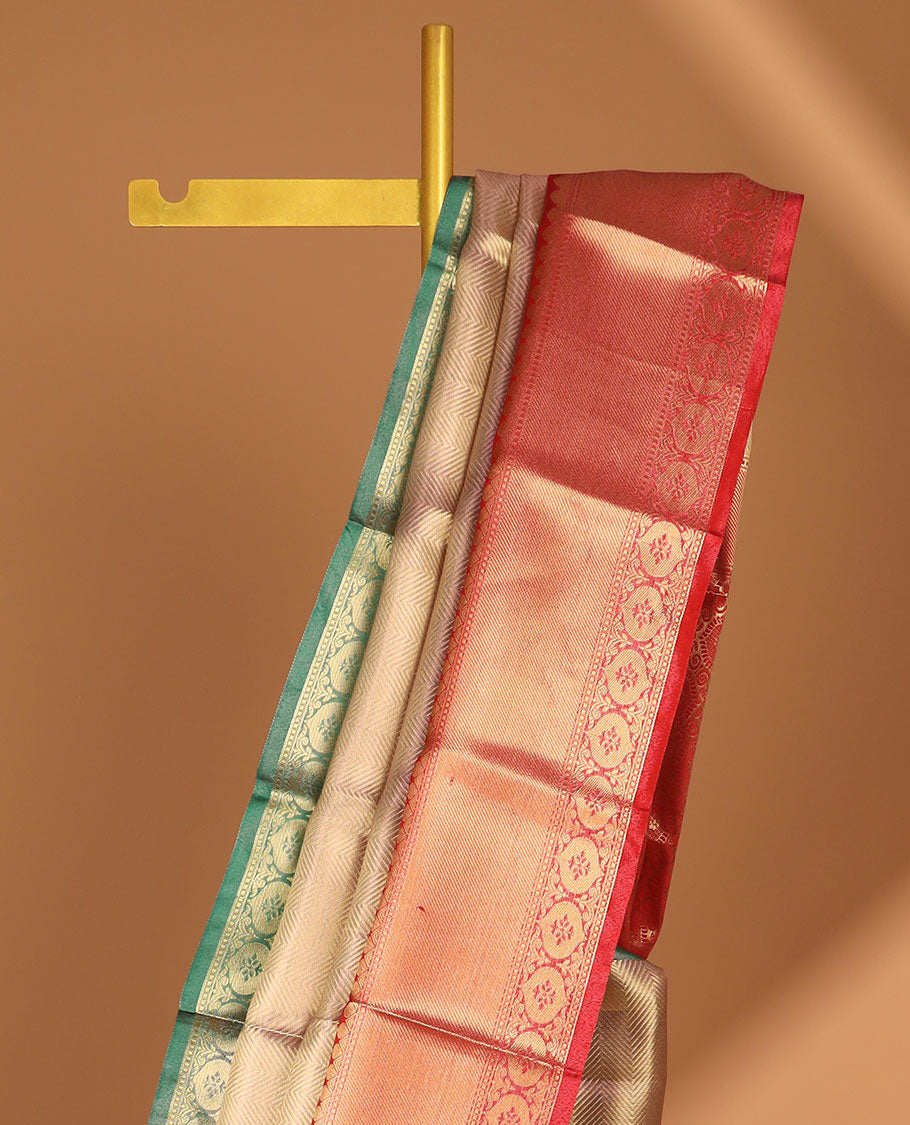 Baby pink striped semi tissue saree with ganga jamuna border & zari design pallu