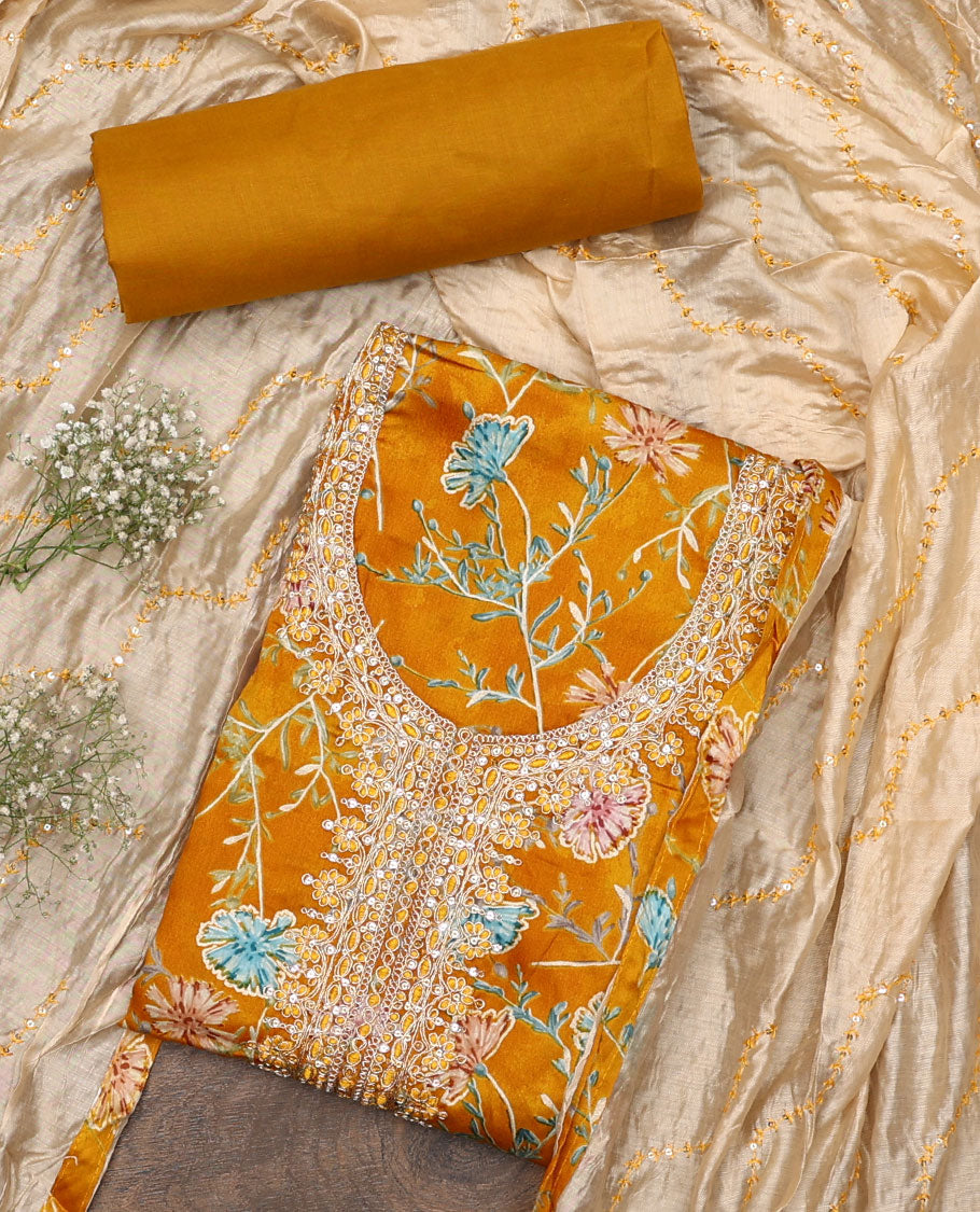 Orange material chudidar set, floral print with neck embroidered top, plain bottom, and contrast chevron sequins-thread striped dupatta