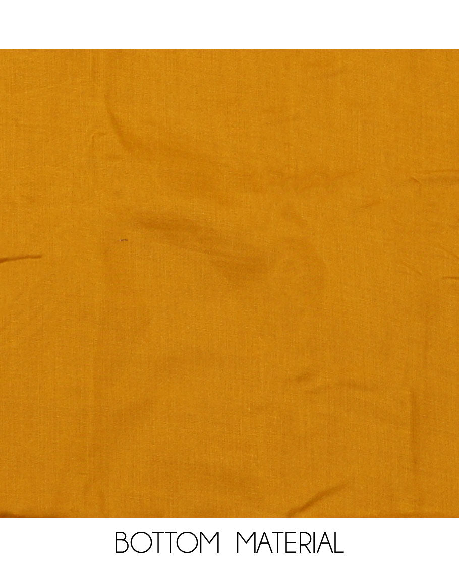 Orange material chudidar set, floral print with neck embroidered top, plain bottom, and contrast chevron sequins-thread striped dupatta