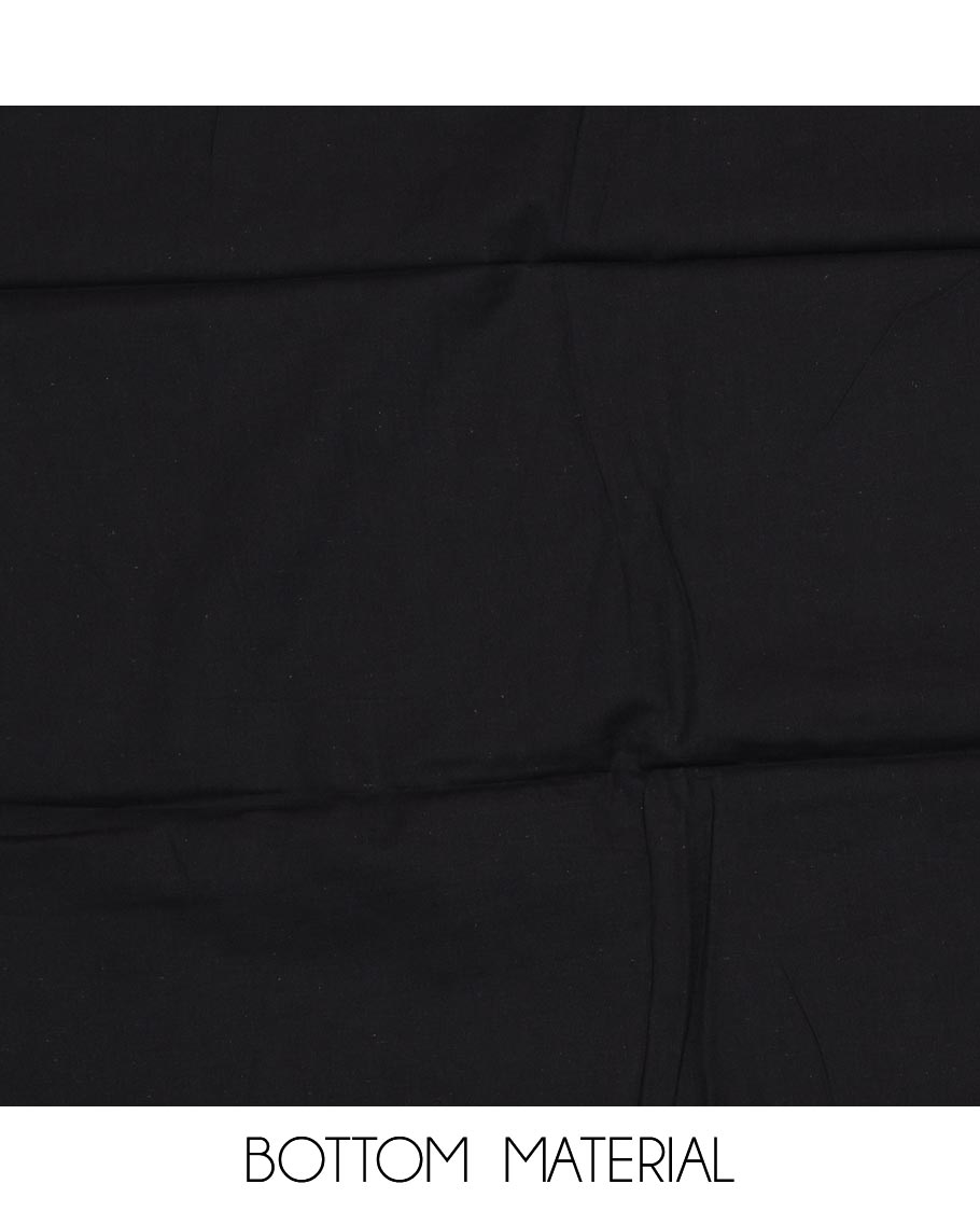 Black material chudidar set, geometric patterned neck work top, plain bottom and geometric printed dupatta