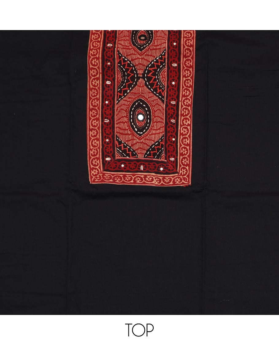 Black material chudidar set, geometric patterned neck work top, plain bottom and geometric printed dupatta